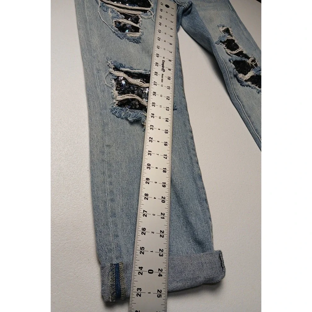 Free People Distressed‎ Sequin Patch Light Wash Straight Leg Jeans Womens 27